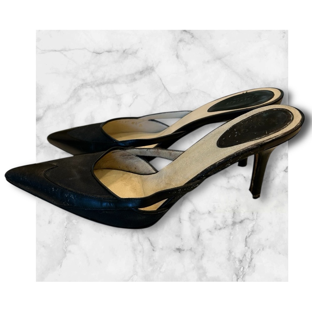 Gucci heeled slides, Black Leather and Canvas, Preowned, Sz 8.5 B - Picture 2 of 14